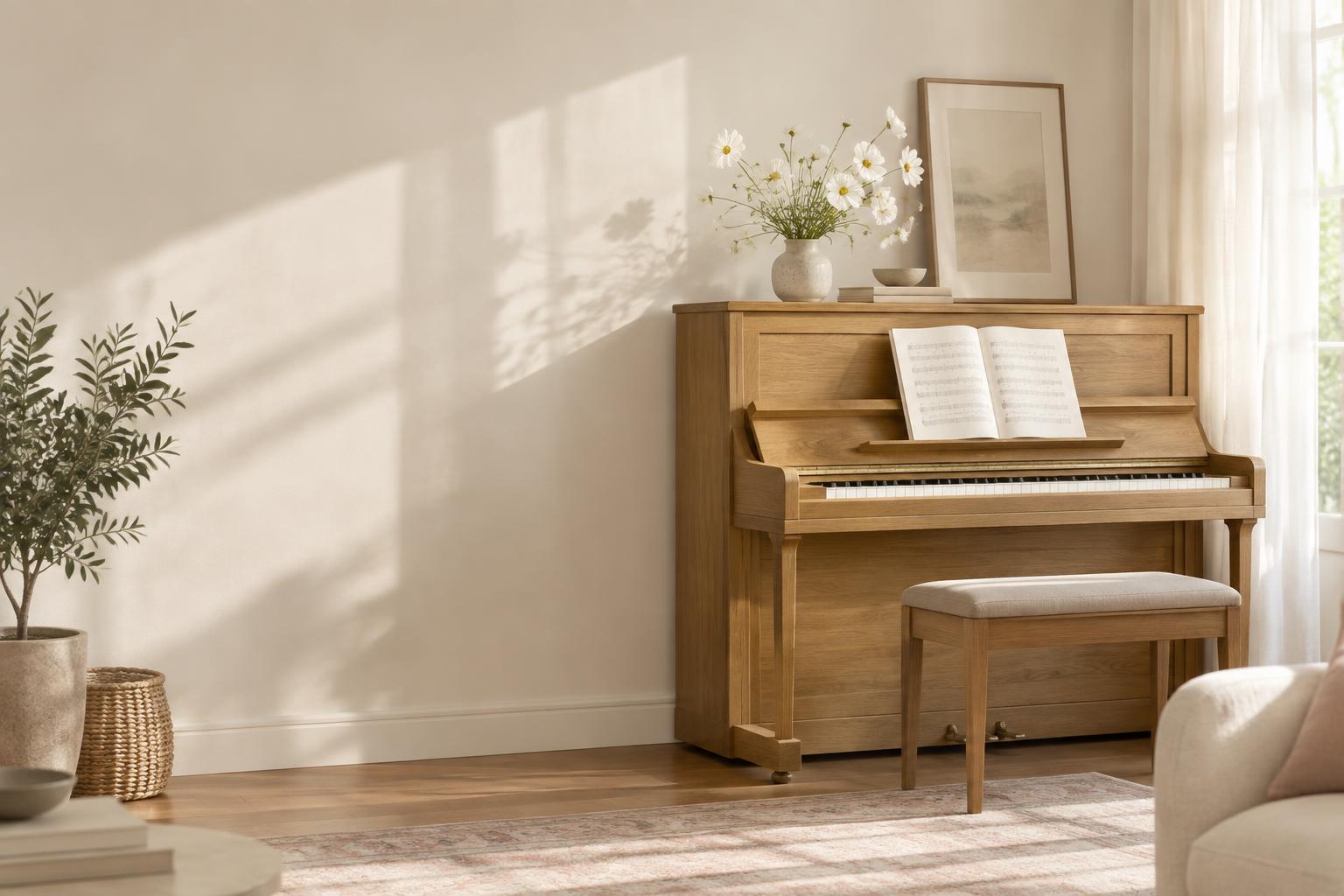 A sunlit piano with flowers and open sheet music in a peaceful home